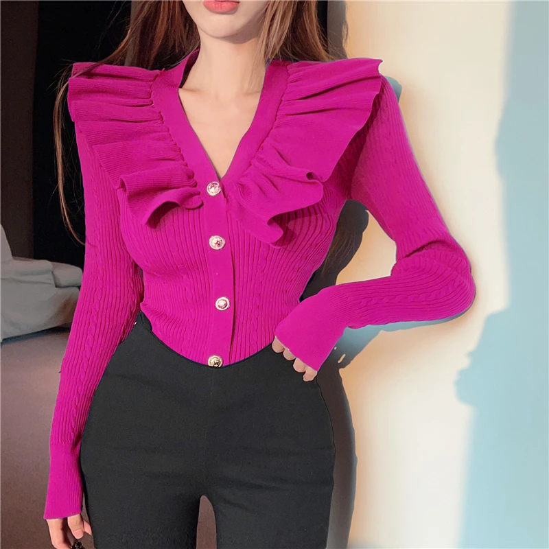 Ruffles V Neck Sweater Cardigan Women Full Sleeve High Stretch Knit Sweaters Shirts For Slim Girls Autumn Winter