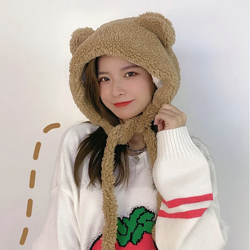 Lolita Cute Cartoon Bear Ear Pullover Cap Berber Fleece Lovely Dress Up Tie Thick Fluffy Warm Ear Protection Outdoor Cold Hat