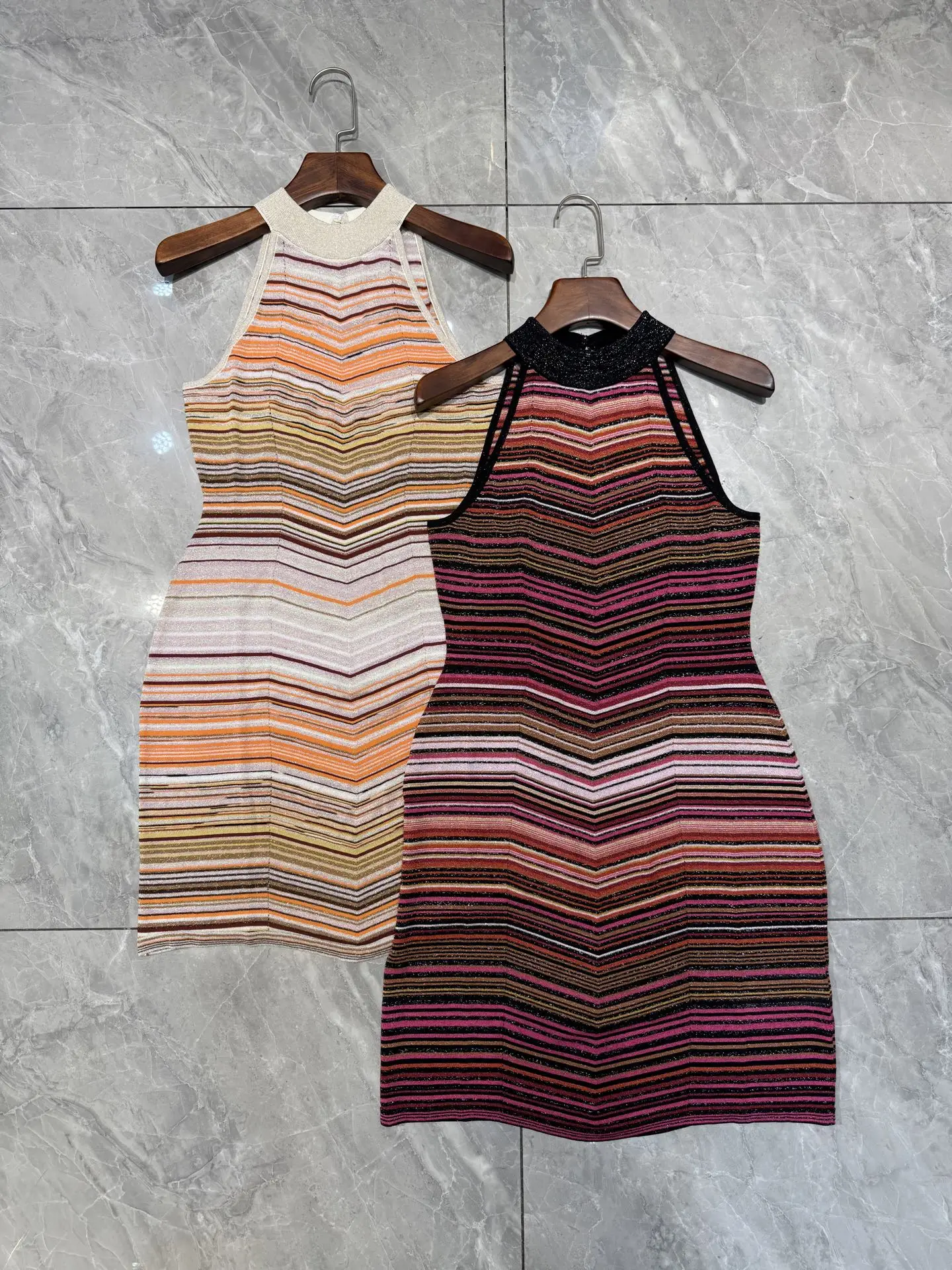 

Women Metallic Sequined Striped Dress 2 Colors Stand Collar Sleeveless High Waist Casual Slim Knitted Mini Robe