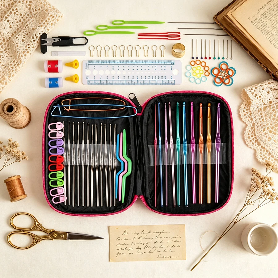 100PC Crochet Tools Kit Colorful Aluminum Hooks Stainless Steel Needles Stitch Markers Measuring Tools DIY Handmade Supplies ZYF