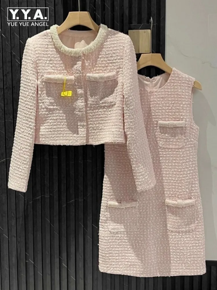 Ladies Party Sweet Pearls Beading Tweed Jacket O Neck Tank Dress Two Piece Sets Autumn Elegant Office Ladies Matching Set Outfit