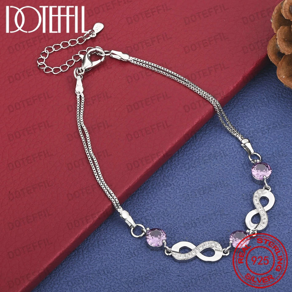 

Браслет DOTEFFIL из стерлингового серебра 925 пробы с фиолетовым кристаллом и символом 8 дюймов, модный женский ювелирный аксессуар