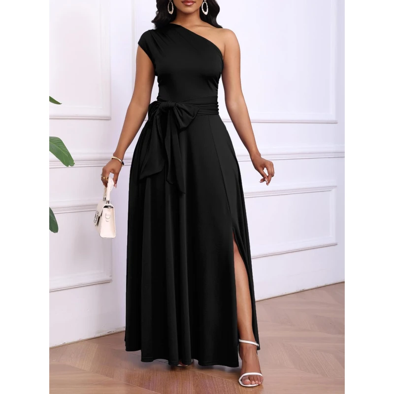 Women's One Shoulder Belted Maxi Dress Formal Wedding Guest Dress