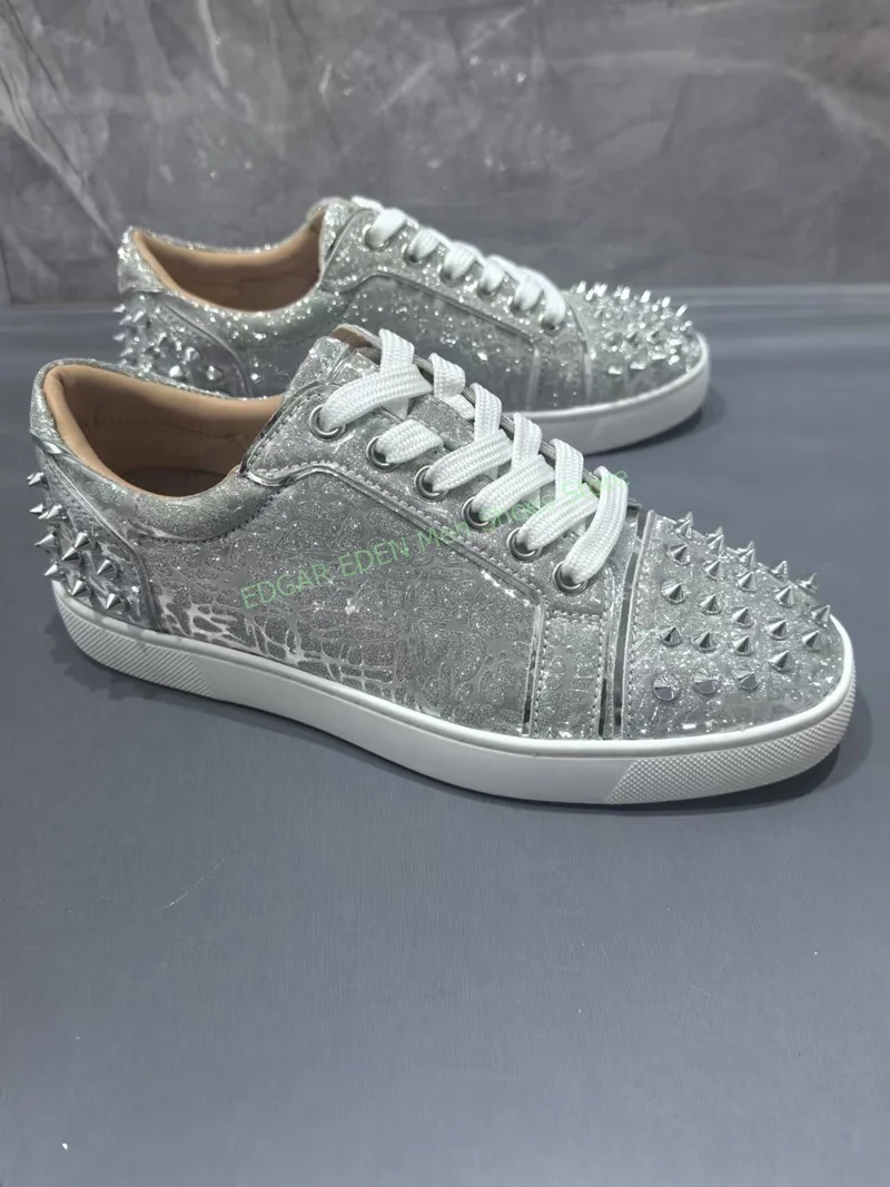 

Fashion Genuine Leather Silver Print Men Woman Single Shoes Round Toe With Rivet Lace Up Male Female Unisex Casual Loafer Shoes