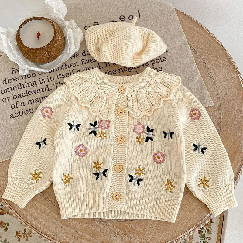 Autumn Cardigan Versatile Girl Baby Childrens Flower Embroidered Lotus Leaf Collar Knitted Pure Cotton Baby Girls Cardigan Coat