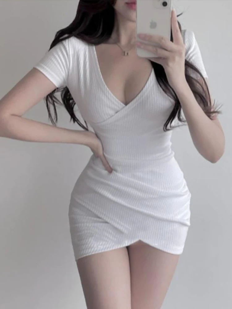 plus Size Women's Deep V-neck Low-cut Crossed Hem Dress Bodycon Slimming Short Skirt Summer Fashion Korean Style Polyester Fiber