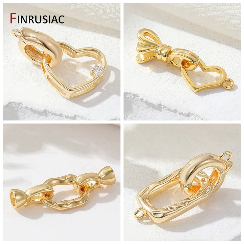 

14K Gold Plated Brass Heart Bowknot Fasteners Closure Lock Connector Clasps For DIY Needlework Pearls Jewelry Making Accessories