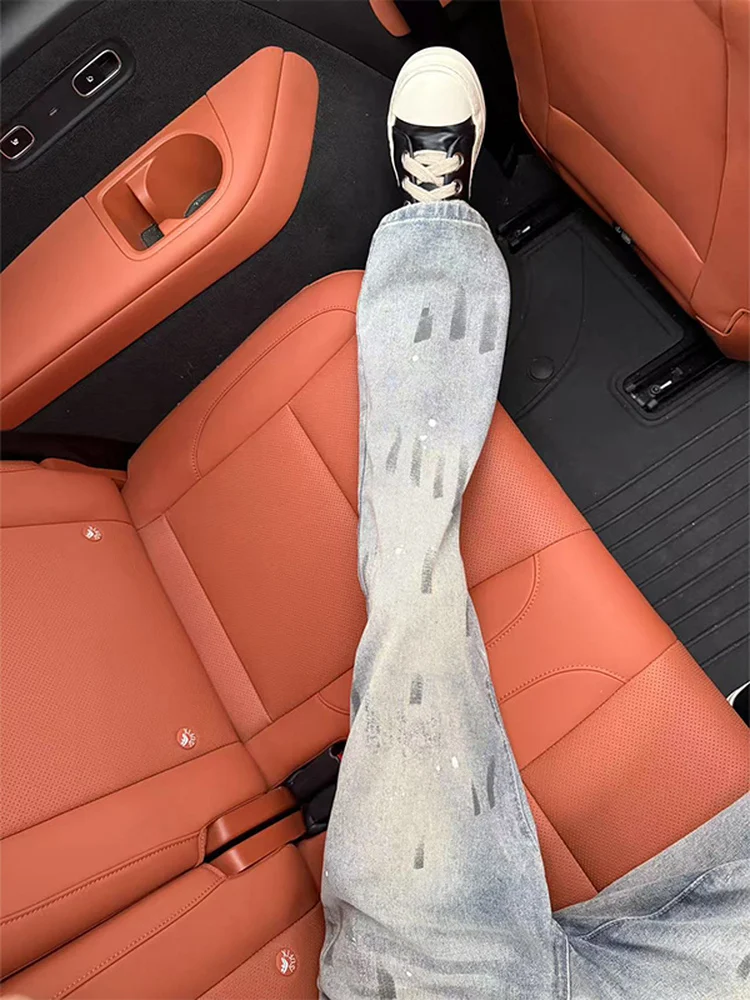 

Retro Blue Men's Jeans Faded Waed Slim Fit Distred Ink Splatter American High Street Sle Straight Leg Jeans