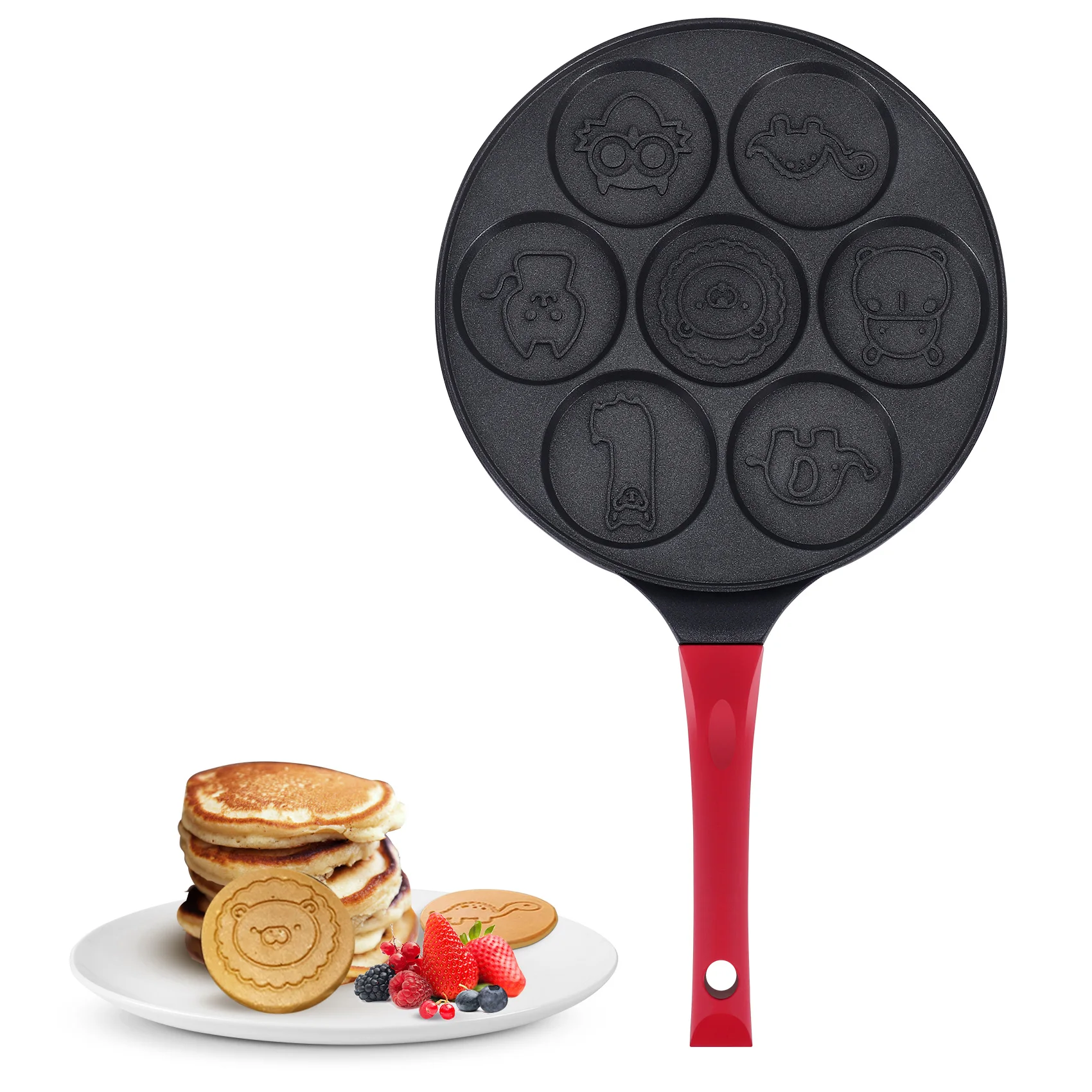 Pancake Maker - Non-Stick Pancake Pan Griddle Grill Pan Mini Crepe Maker 7-Mold Pancakes with Silicone Handle, Black Animal