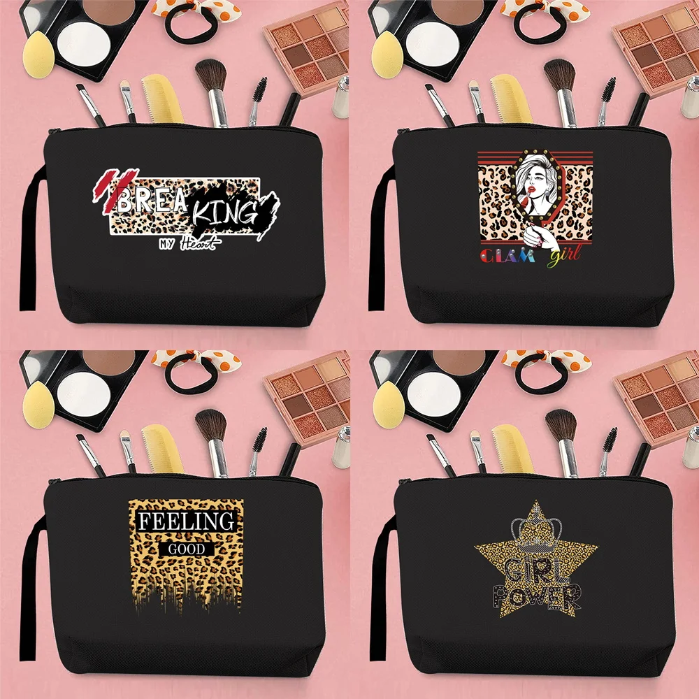 Street Trend Woman Cosmetic Bag Punk Leopard Pattern Print Commuter Travel Canvas Black Storage Change Creative Small Clutch