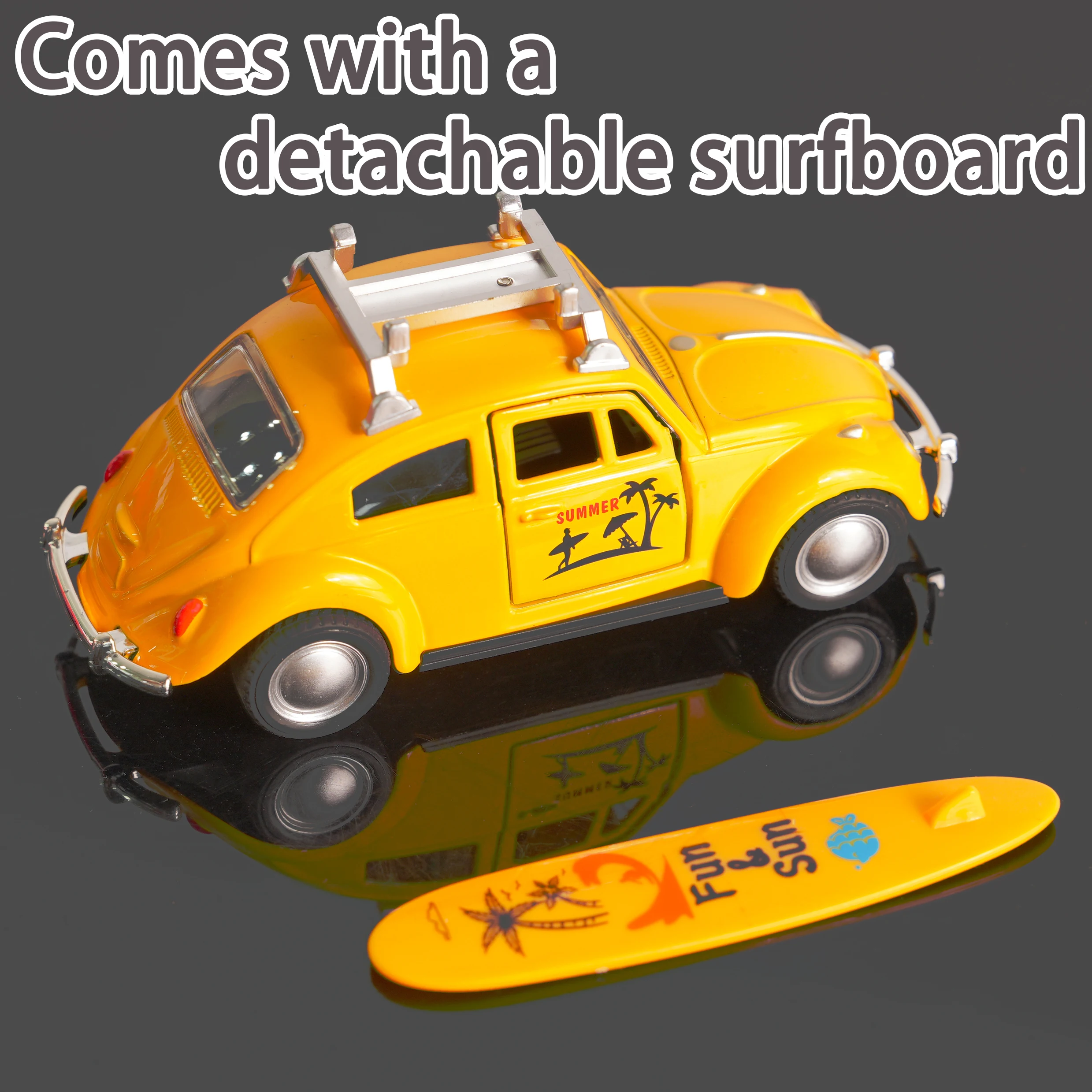 

Vintage 1:32 Yellow Beetle Diecast Car with Surfboard, Retro Pull-Back Model Toy, Open Doors Collectible for Kids & Car Fans