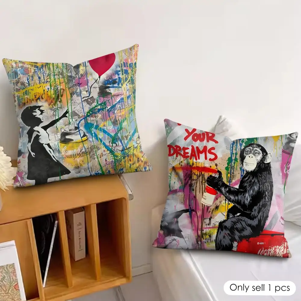 B-Banksy Graffiti Mr B-Brainwash Cushion Cover Silky Short Plush Invisible Zipper Dustproof Sofa Pillow Case For Home Decor
