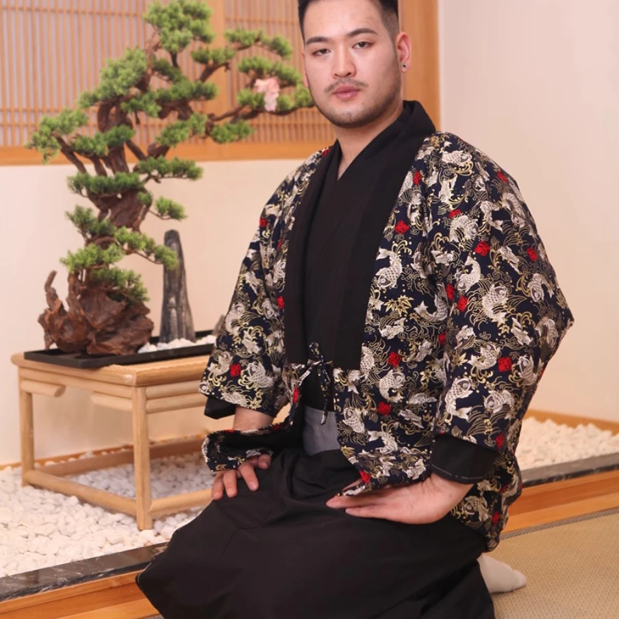 2025NEW الشتاء البحرية اليابانية التقليدية الساموراي كيمونو للرجال البالغين يوكاتا القطن الاستحمام رداء Hekoobi ساونا ارتداء Homewear #3