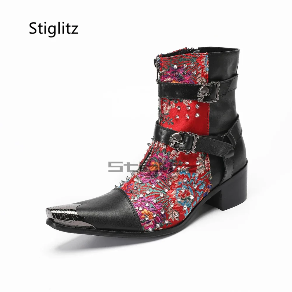 Flowers Embroidery Rivets Chelsea Boots Men High Heels Genuine Leather Patchwork Double Buckle Ankle Boots Metal Toe Male Shoes