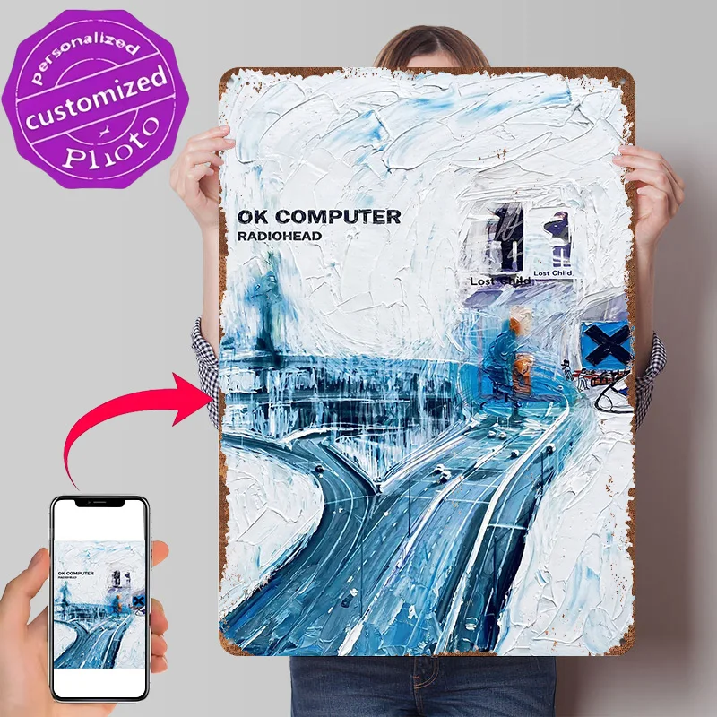 Radiohead OK Computer Album Cover Personalized 3D Textured Metal Poster Wall Art Tinplate Sign for Home Decorations Living Room