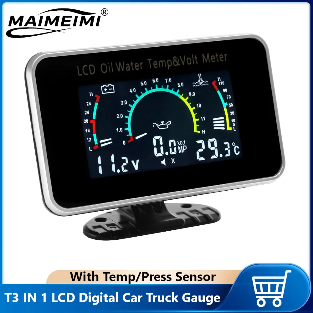 

12V/24V Universal 3 in 1 LCD Car Gauge Oil Pressure Gauge Voltage gauge Water Temperature Gauge With Temp Sensors 10mm 1/8NPT