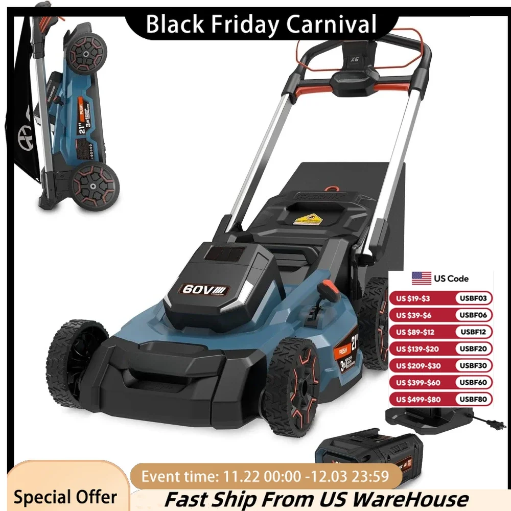 21-Inch 3-in-1 Cordless Push Lawn Mower, with Bagging, Mulching, and Side Discharge, Height Adjustment, Lawn Mower