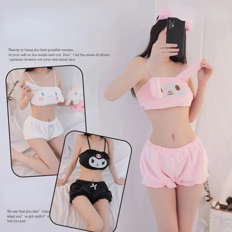 Kuromi Sanrio Cartoon Kawaii Autumn Winter Melody Cinnamoroll Cute Pajamas Underwear Bra Little Devil Creative Sexy Homewear