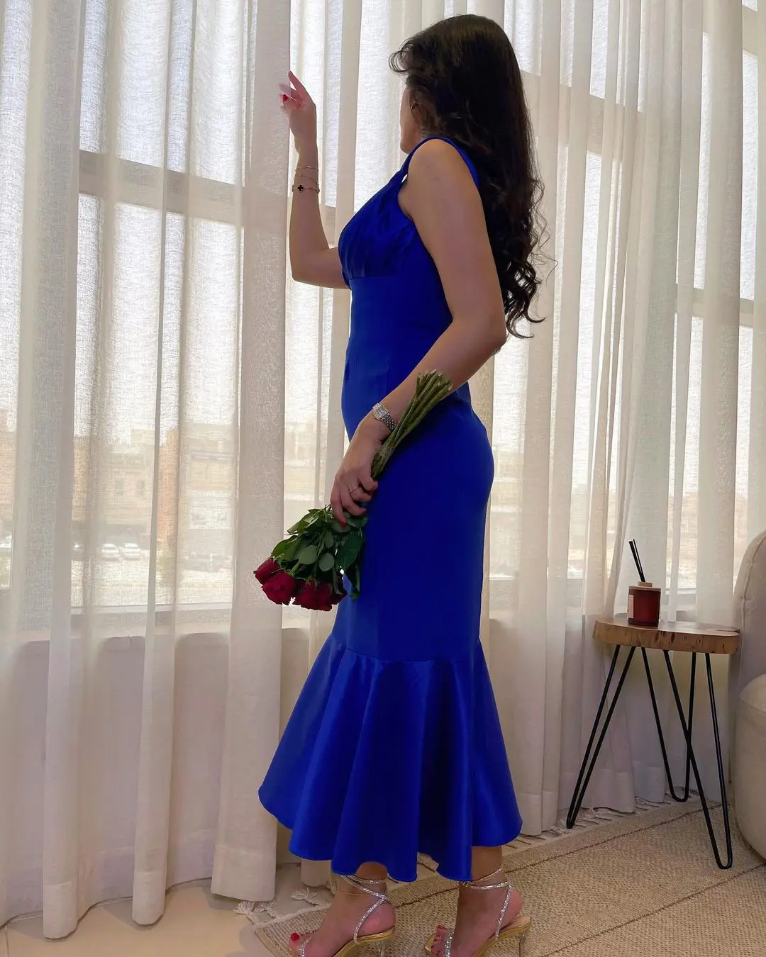 Customized Mermaid Evening Dresses Sleeveless V Neck Prom Dresses Royal Blue Pleated Backless Ankle Length Formal Party Dresses