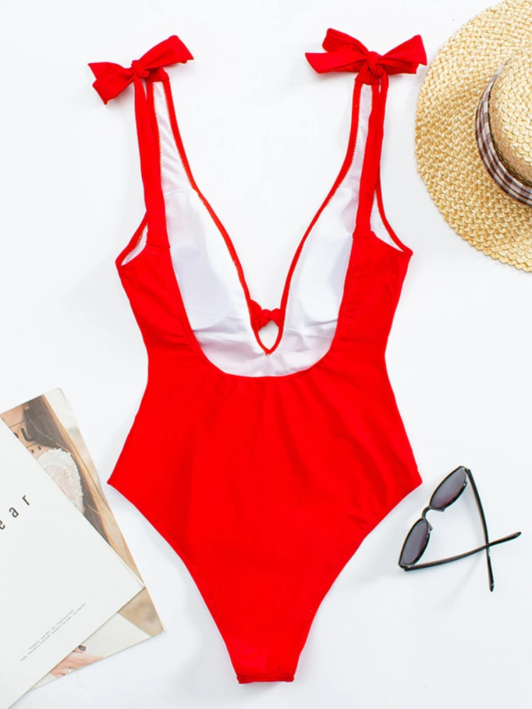 Black Tie Shoulder Swimsuit Women Vintage One-piece Halter Bathing Suits Sexy Knotted Swimwear Summer Beachwear Maillot De Bain