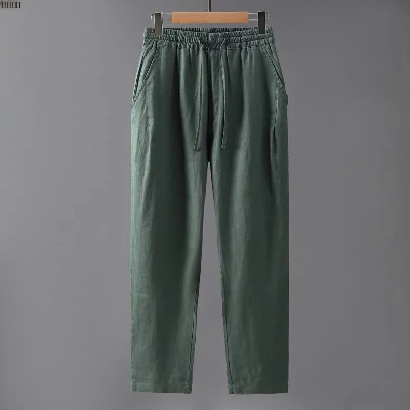 

High-End Pure Linen Elastic Waist Casual Pants Men's Vintage Full Linen Fabric Color Versatile Long Trousers