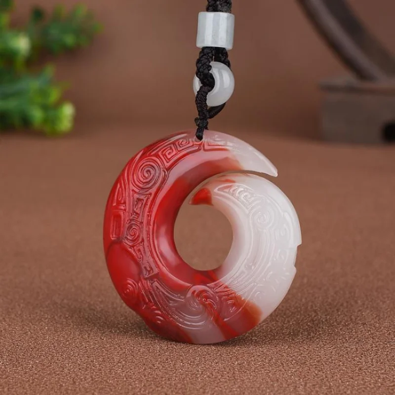 

Natural Xinjiang Hetian Jade Fortune Pendant Necklace for Men and Women Chicken Blood Jade Turn the Tide Hanging Ornament