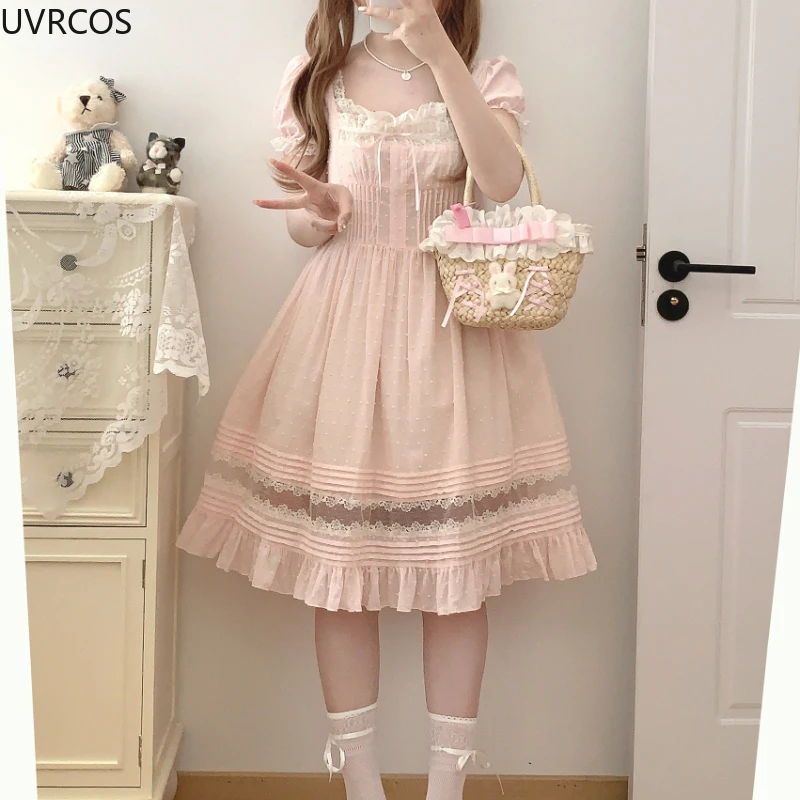 Sweet Elegant Lolita Mini Dress Women Japanese Kawaii Cute Lace Square Neck Fairy Dresses Korean Summer Party Princess Dresses