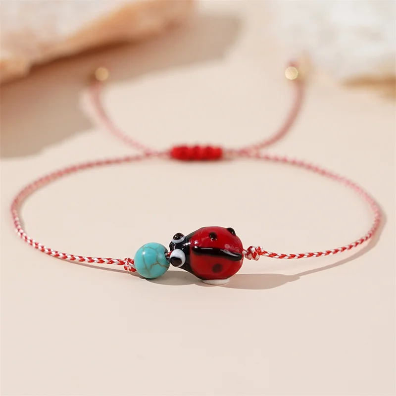 Delicate Copper Bead Synthetic Turquoise Ladybug Bracelet For Women Lovely Handmade Braided Bracelet Jewelry Accessories Gifts