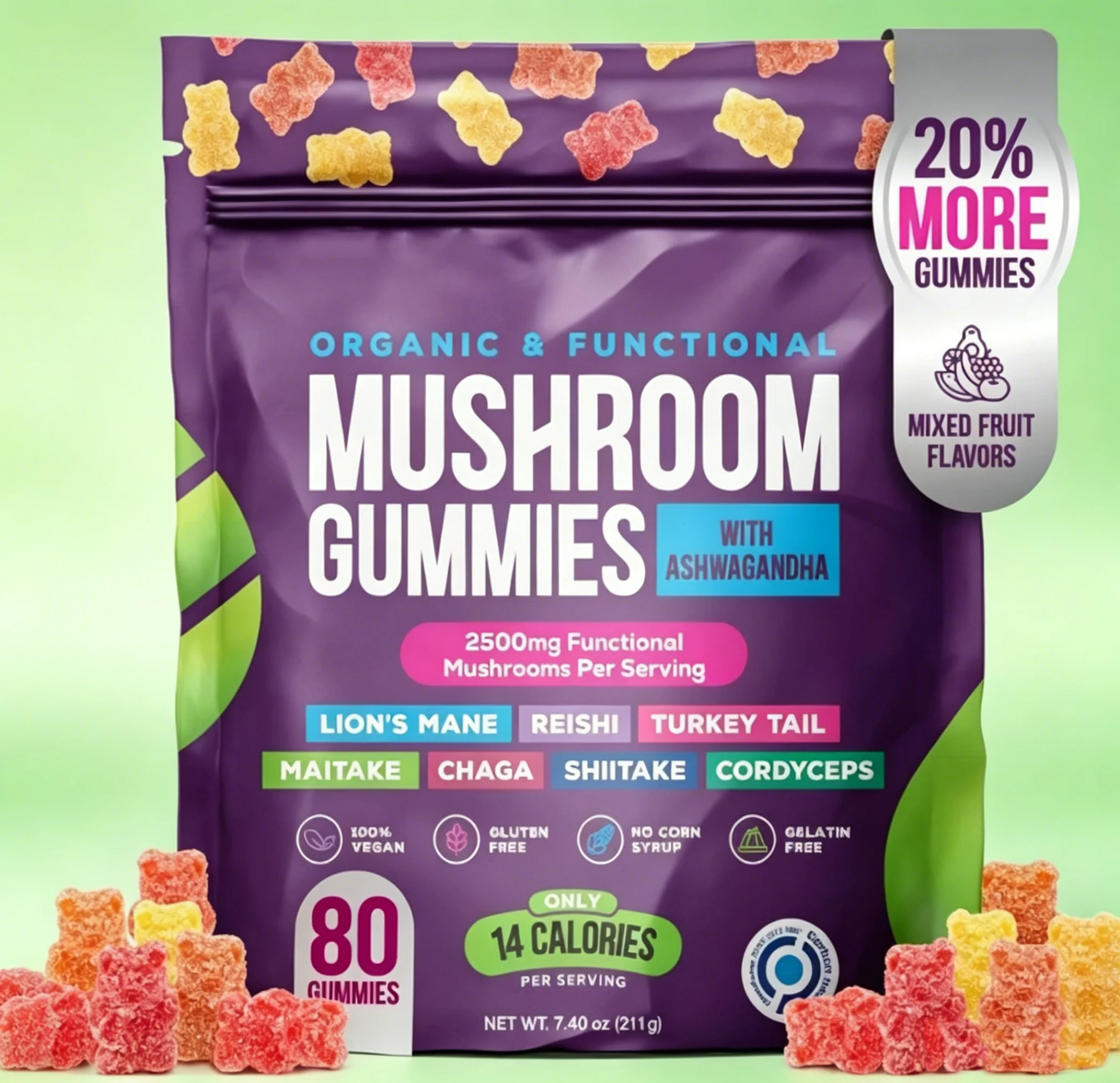 

80ct Organic Mushroom Gummies - Ashwagandha 2500mg Functional Blend for Energy Immunity Memory Support Vegan Friendly Supplement