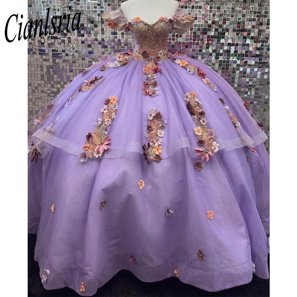 Lilac Quinceanera Dresses Puffy Ball Gown  Sweet 16 Formal Off the Shoulder Lace Appliques Birthday Princess Party Gowns