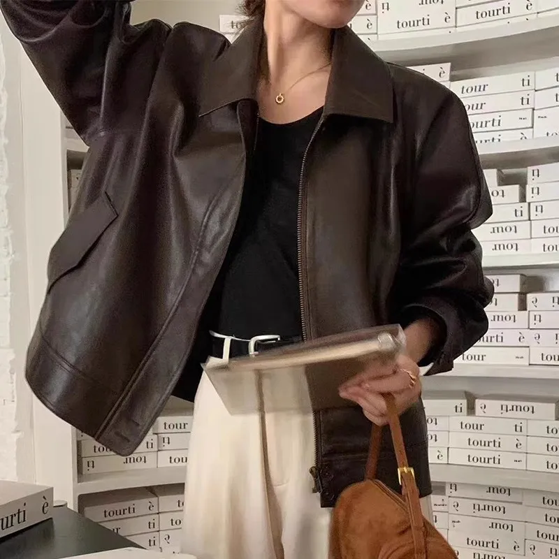 

Шикарное винтажное мотоциклетное женское пальто Jaet Long Sve свободного кроя с верхней одеждой из искусственной кожи для осеннего сезона