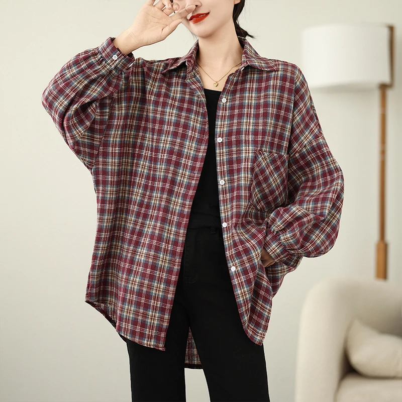 

Retro Plaid Long Sve irt Women's Loose plus Size Casual Cotton Linen Top Trendy Autumn 2024 Button up Mid-Length irt