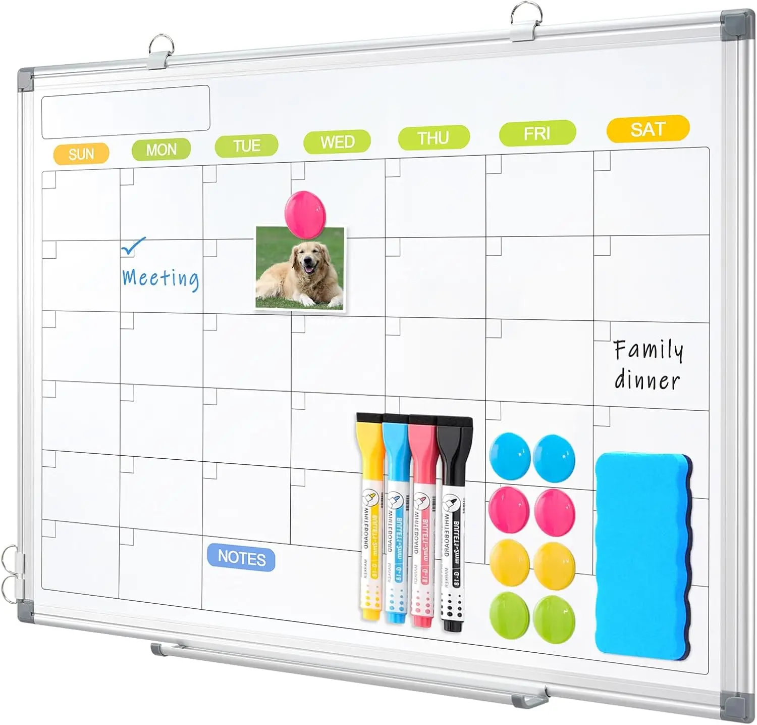 

Dry Erase Calendar Whiteboard for Wall, 24" x 18" Magnetic Double-Sided Board with Aluminum Frame, Portable Hanging Board for
