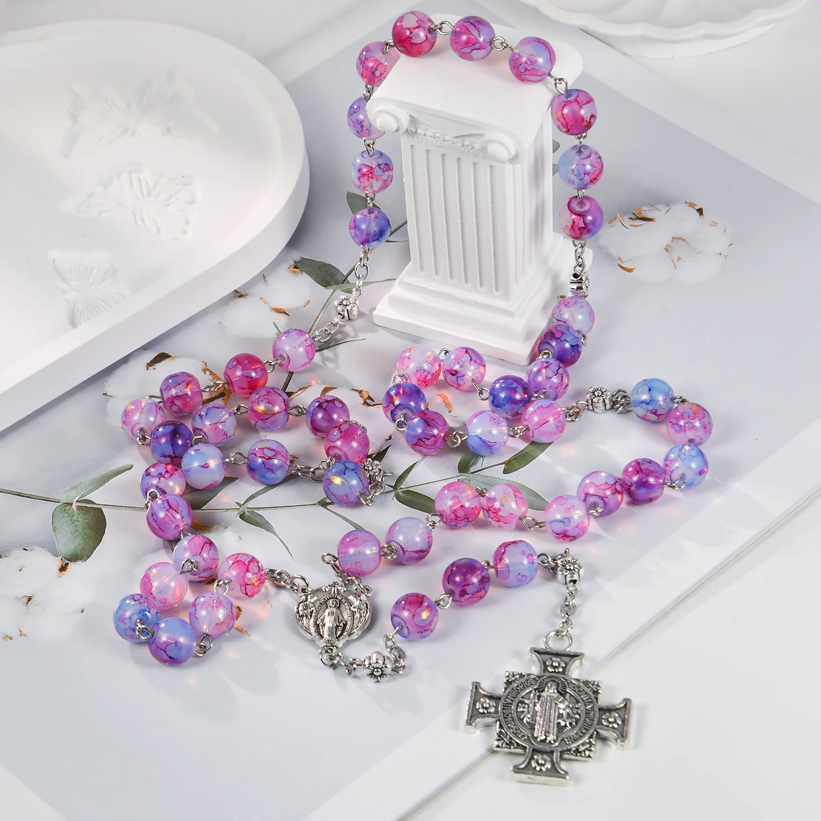 Handmade Rosary Necklace with Ornate Crucifix – Long Sweater Chain, Everyday Catholic Prayer Jewelry Gift for Women