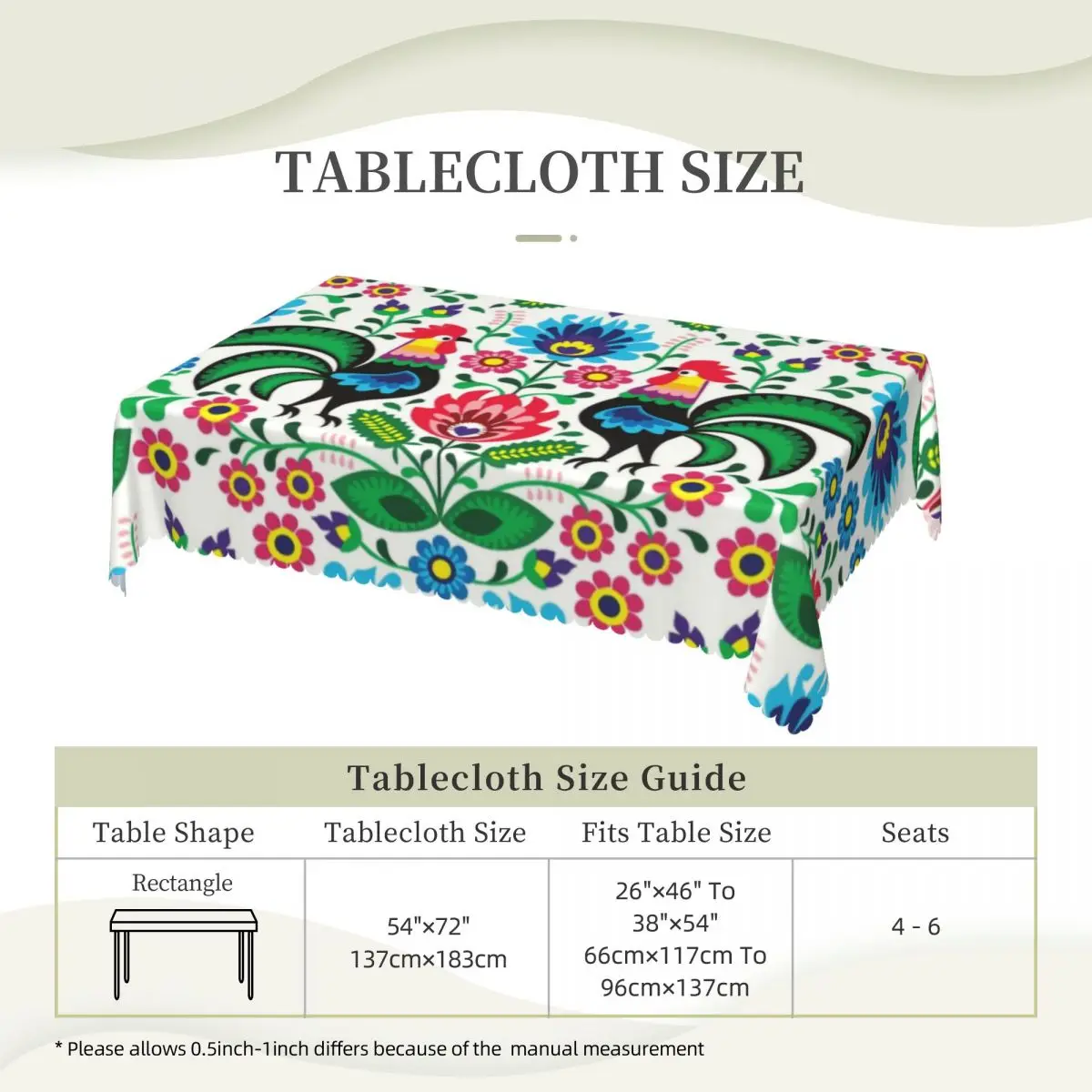 Botanical Rooster Pattern Tablecloth Rectangular Waterproof Polish Folk Traditional Flowers Table Cover Cloth for Kitchen