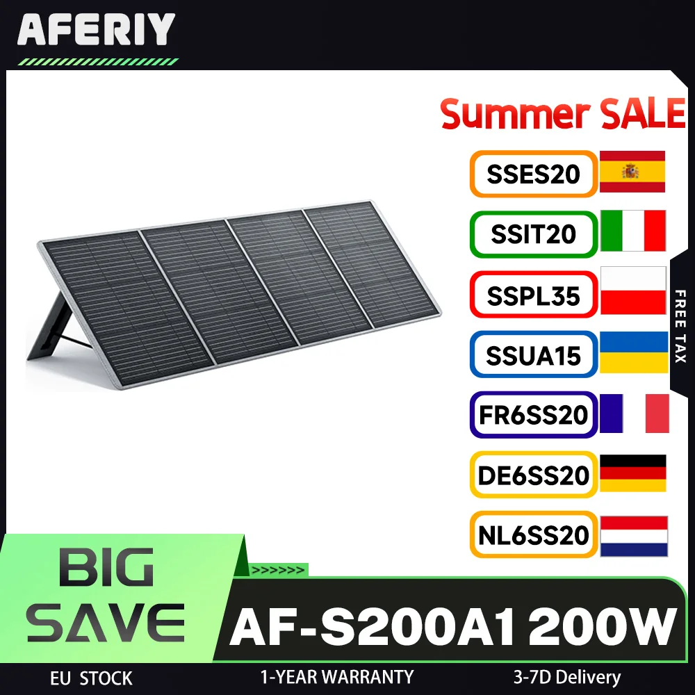 AFERIY ‎ Panneau solaire pliable portable AF-S200A1 200W, taux de conversion d'énergie 23%, béquille réglable, léger et pliable