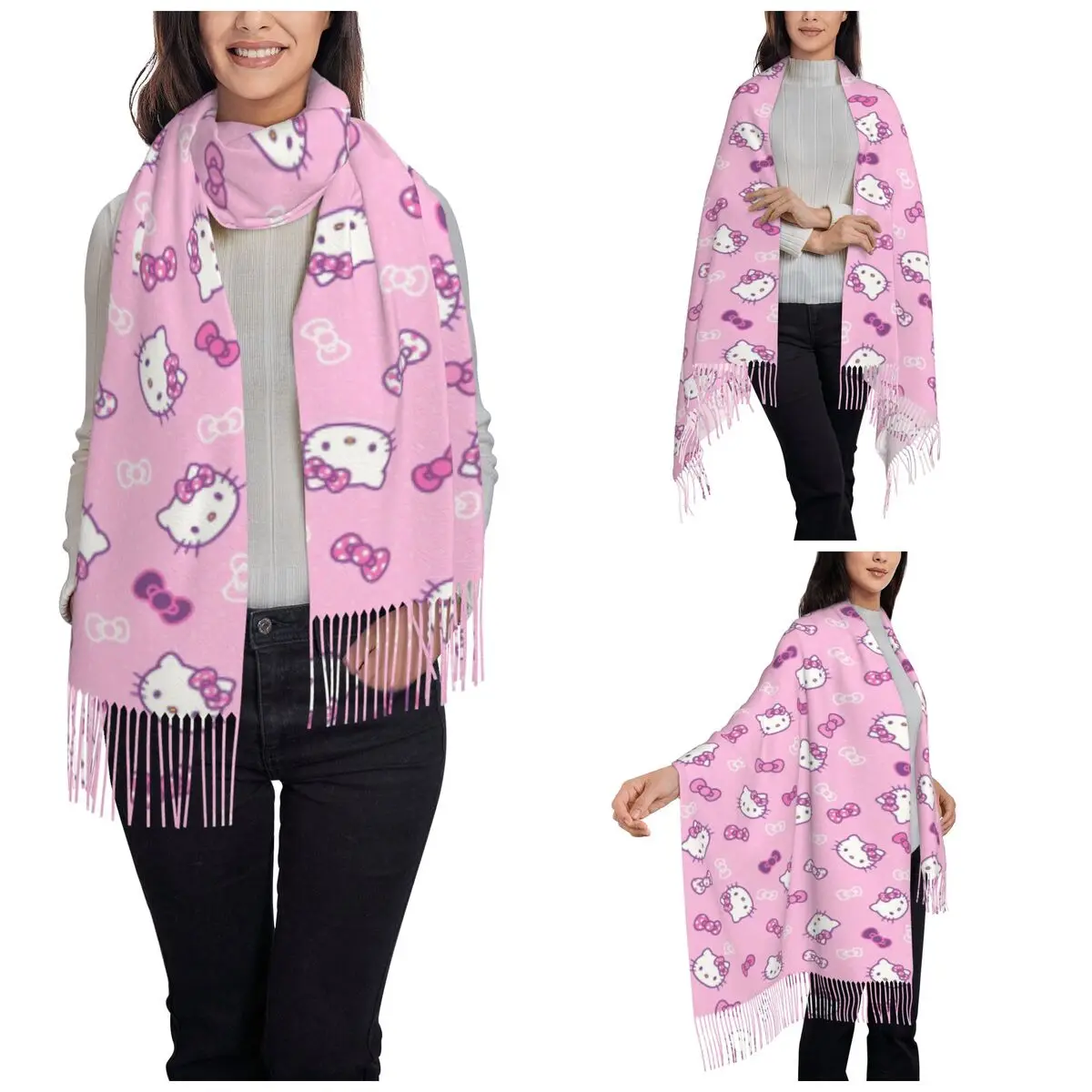 Hello Kitty Pink Cute Scarf for Women Warm Winter Pashmina Shawl Wrap Cartoon Cute Long Large Shawl Scarf Ladies