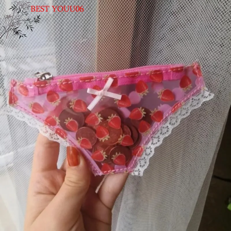 Hot Cute Lace Coin Purse PVC Panties-Shaped Mini Storage Bag With Zipper Strawberry Makeup Bag Great Party Gift Birthday Present