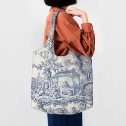 Custom Vintage Classic French Toile De Jouy Navy Blue Motif Pattern Shopping Tote Bag Reusable Canvas Shopper Shoulder Handbag