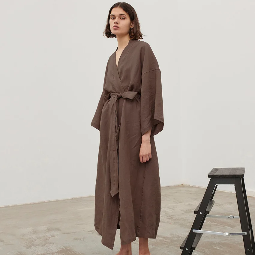 Cotton Brown Long-Sleeved Women\'s Night-Robe Simple Solid Cardigan Hotel Bathrobe Belt Nightgown Sexy Home Pajamas 2023 Autumn