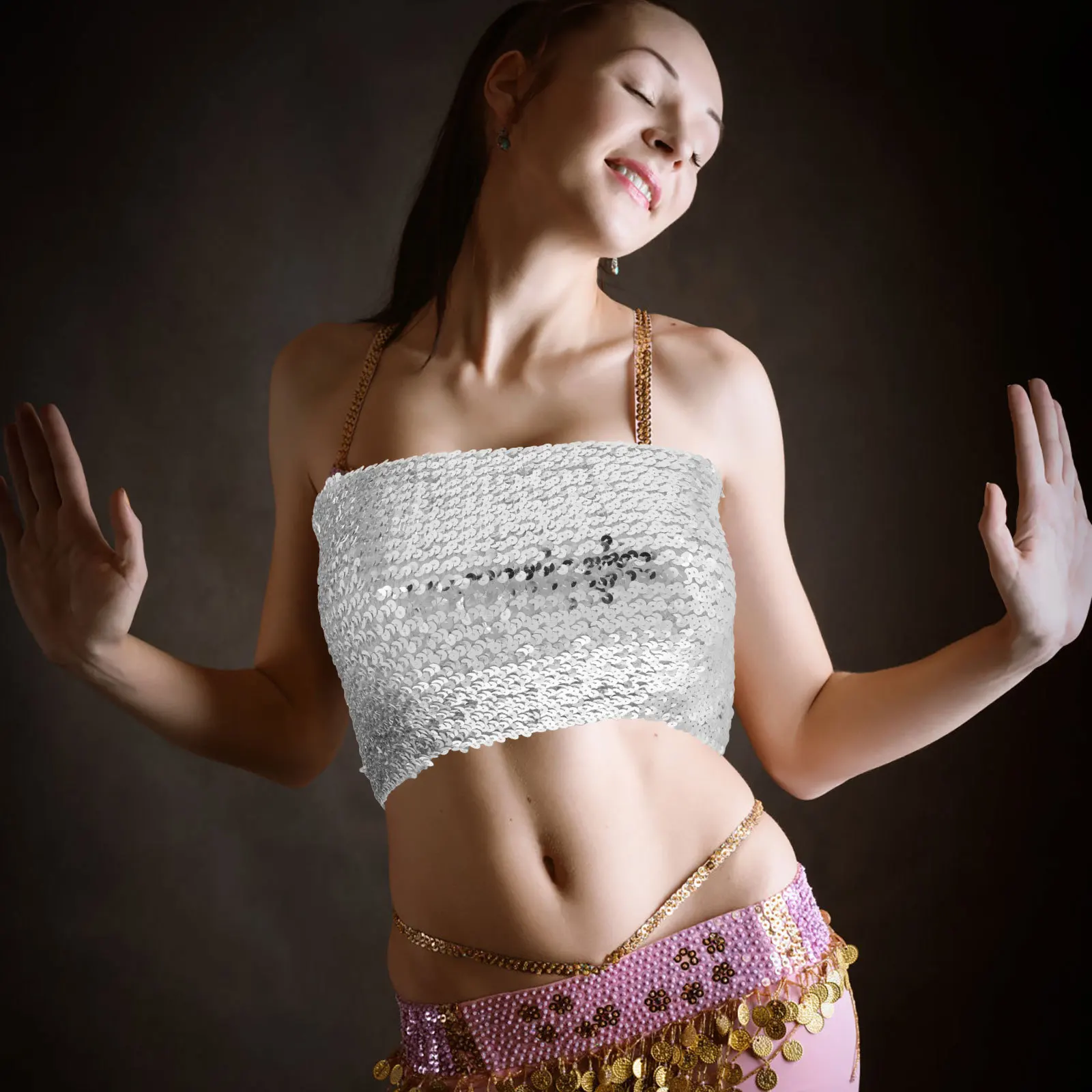 Brilhante sem alças lantejoulas colheita tubo superior para dança do ventre festa de dança festival clubwear traje festa sem alças tubo topo