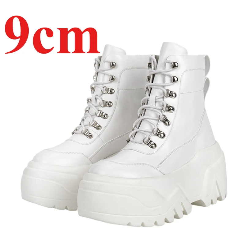 Europe/American High Top White Shoes for Women's Increased 9cm Comfortable Breathable Height Increasing Boots Street Short Boots