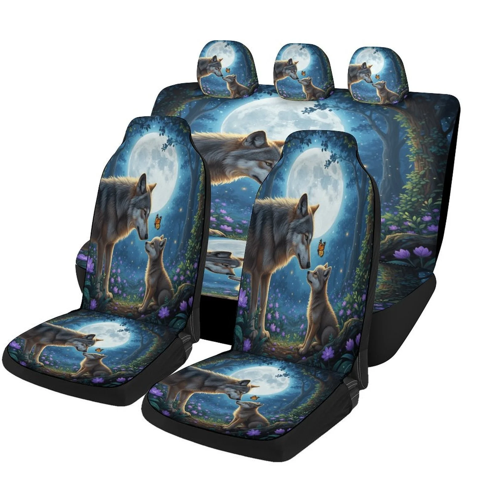 Moonlight Wolves Themed Car Seat Cover Set - Full Set For 2 Front & Rear Seats, High-Quality Polyester, All-Season Use, Machine