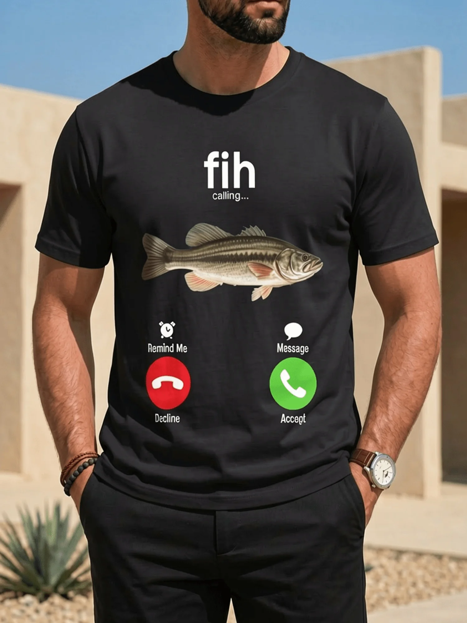 Fun Fishing Print T-Shirt - Fish Are Calling Fish-Shaped Design with AnswerHang Up Buttons - Lightweight Casual Tee for Anglers And Tech Enthusiasts - All-Season Men'S Top for Fishing Trips And Casual Wear, Fishing Shirt, Angler Apparel