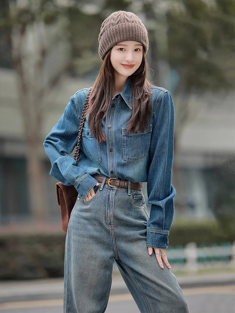 

Hong Kong Style Denim Shirt Women's New Spring Autumn Small Size Top Layered Wear Inner Casual Shirt Coat Winter Leisure