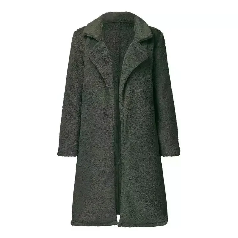 Fashion Faux Fur Jacket Women Lapel Buttonless Solid Colors Mid Length Coats 2023 Spring Autumn New Warm Fake Fur Casual Jacket