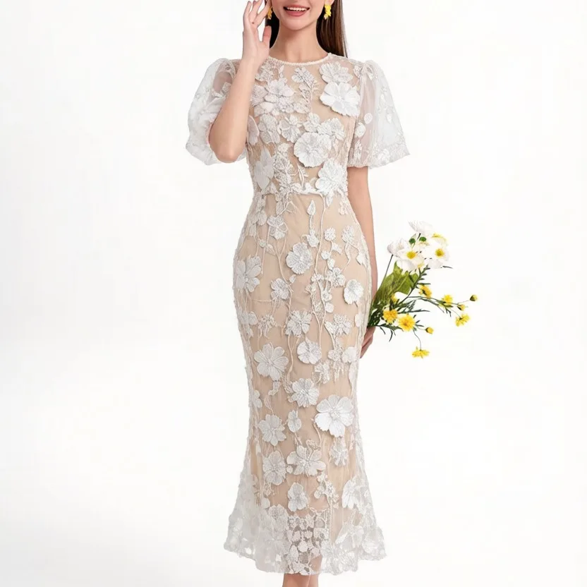Elegant Embroidered Floral Midi Dress with Lace Mesh Slim Fit Bubble Sleeve High Waist Citywalk Summer Long Sleeve Zipper Back