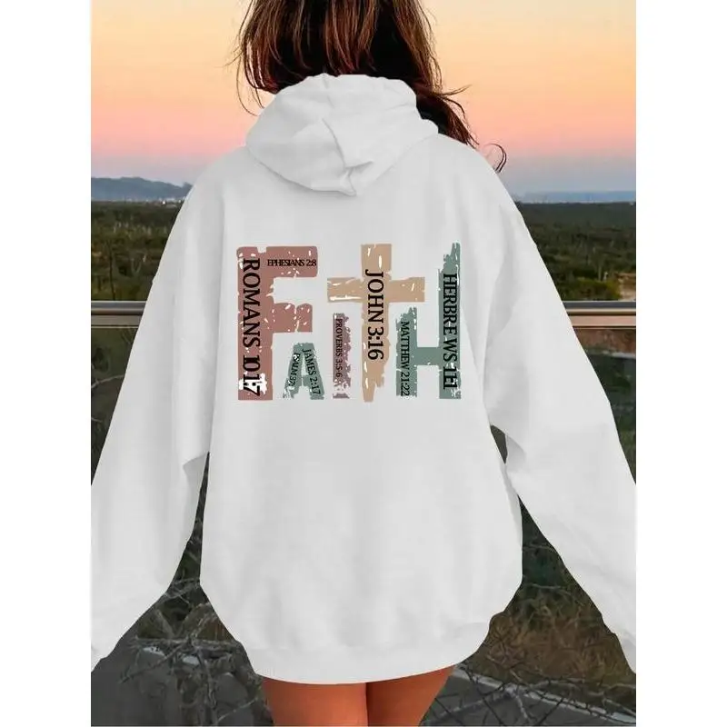 

"Christian Faith Hoodie Bible Verse Print Oversized Sweatshirt Religious Scripture Hooded Top Casual Streetwear"
