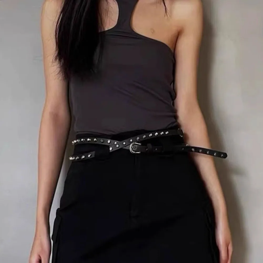 فاسق رقيقة المرأة برشام حزام اضافية طويلة مع دلو الأظافر حزام خصر من الجلد حلقة مزدوجة القوطية فستان حزام البنطال الجينز الإناث