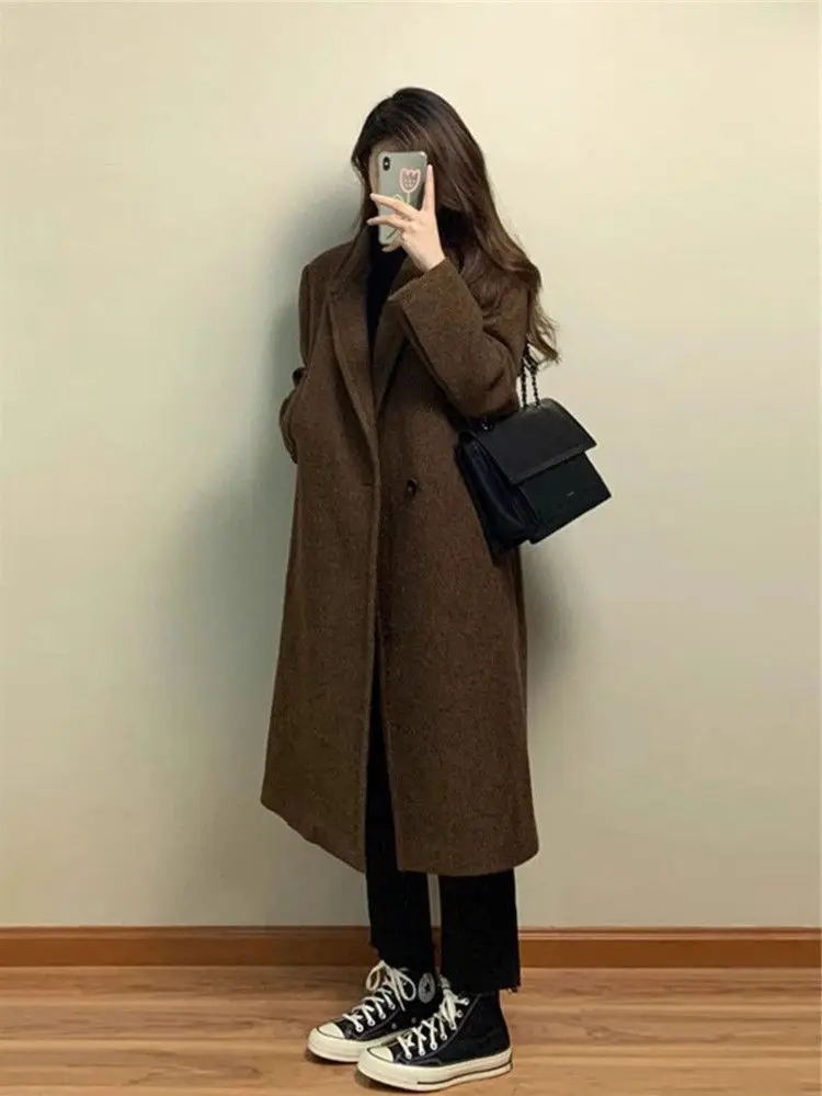 

Korean-style suit collar high-end wool coat for women, autumn and winter 2025 new over-the-knee mid-length woolen jacket